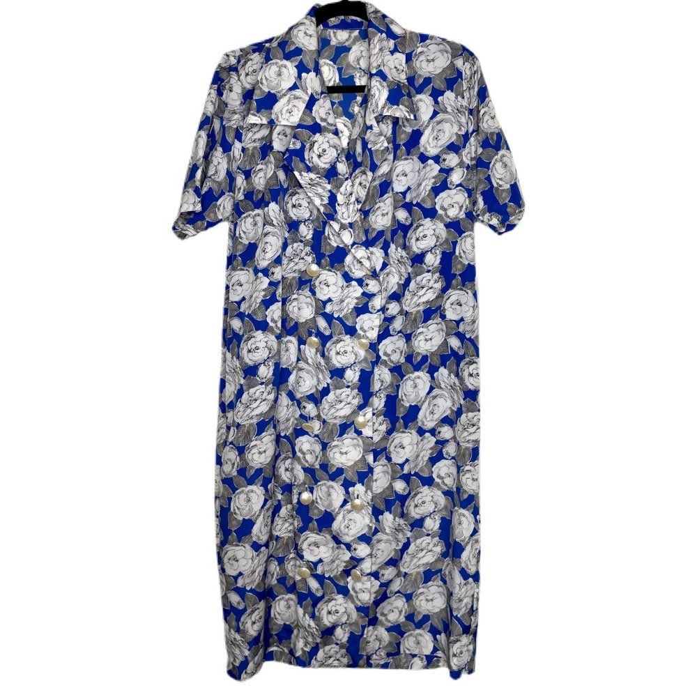 Vintage 80s Floral Double Breasted Button Front Dress | Size L